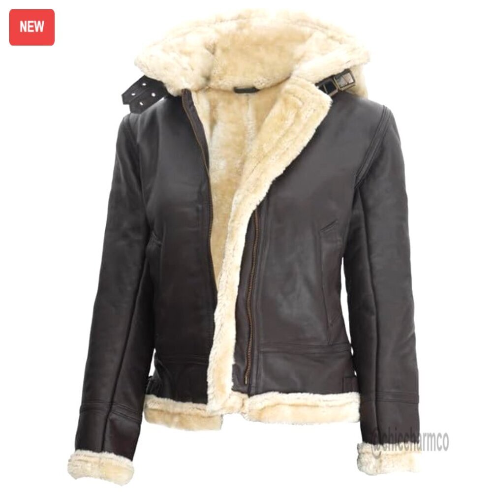 Women's Shearling Leather Jacket with Detachable Hood, Zip Closure - Picture 1 of 3